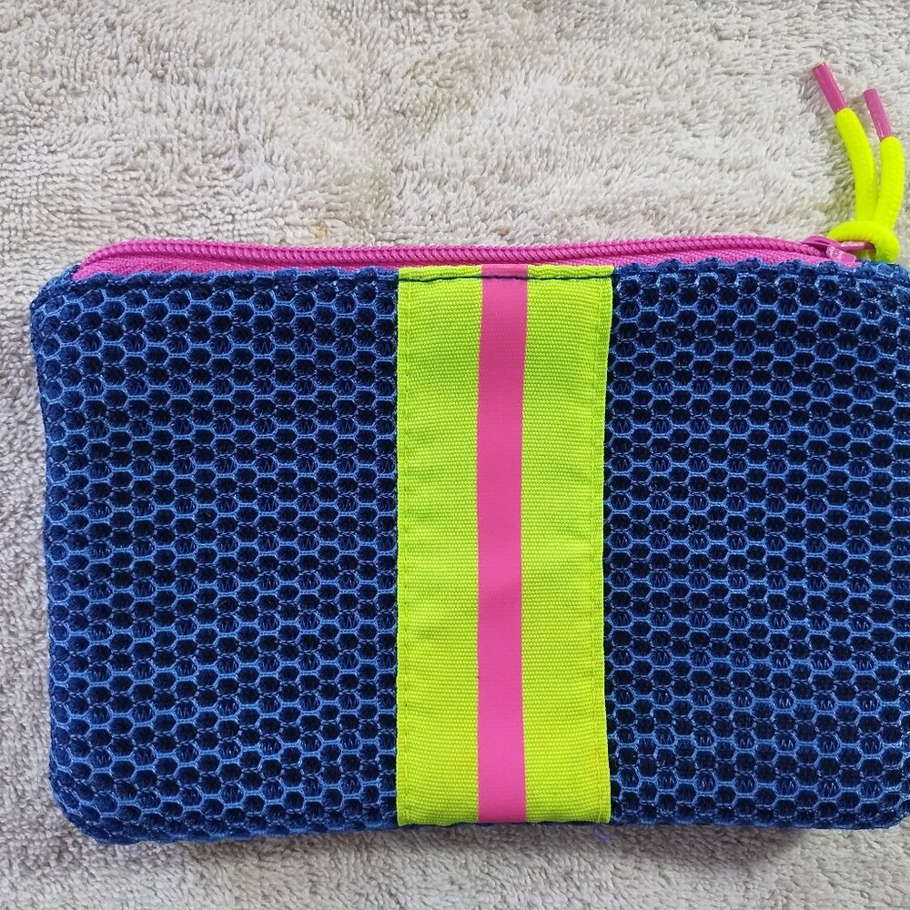 Pre-Owned IPSY Blue Neon Yellow Stripe Small 7" X 5" Makeup Bag
